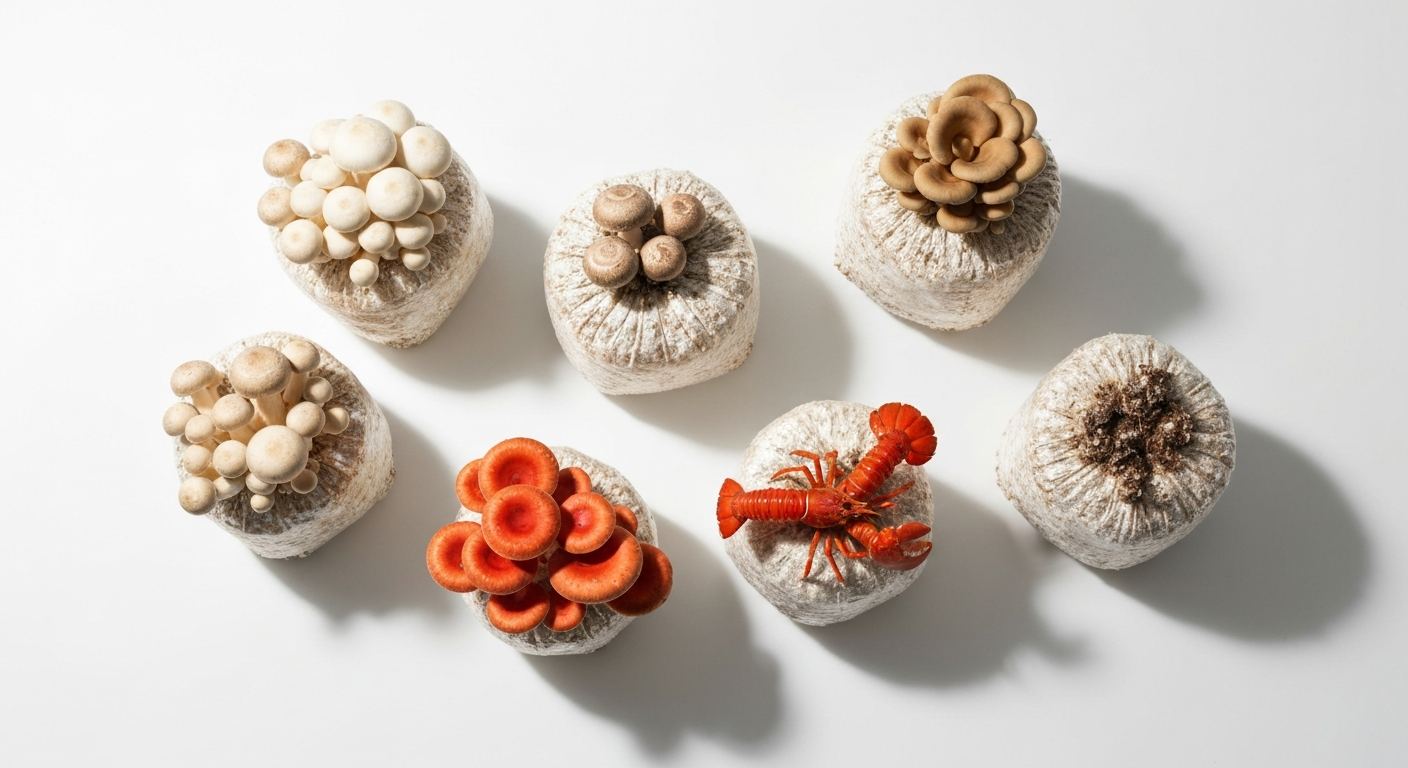 Five oyster mushroom grow kits laid out side by side for comparison